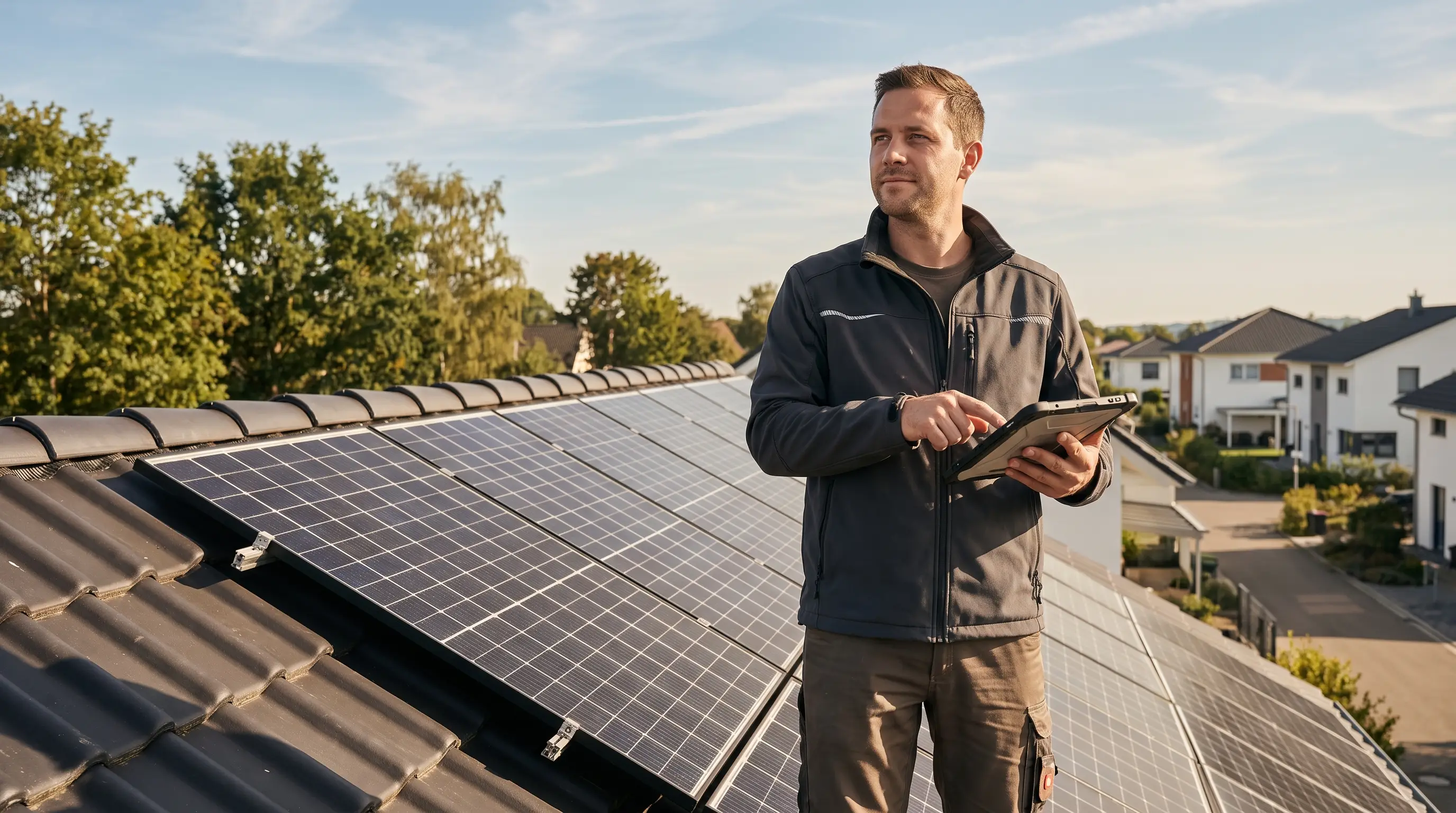 Solar-Techniker mit Tablet auf einem Hausdach