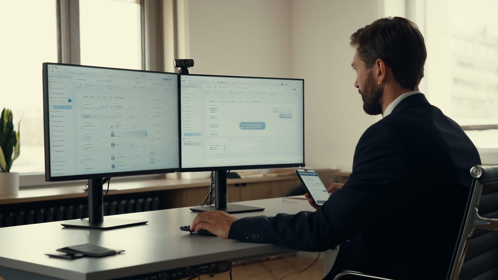 Vertriebsmitarbeiter am Schreibtisch mit CRM auf dem Bildschirm und Smartphone in der Hand